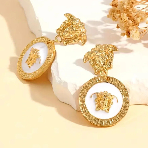 Medusa Tribute Gold Drop Earrings - Picture 2 of 4